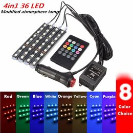 RGB 36 LED Car Charge 12V 10W Glow Interior Decorative 4in1 Atmosphere Blue Inside Foot Light Lamp Remote Music Control211j