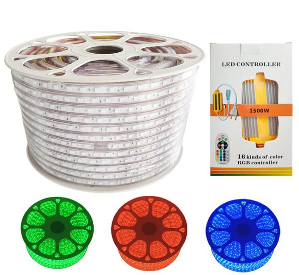 Bande lumineuse LED RGB AC 110V, étanche, pour l'extérieur, 5050 SMD, néon, 60 diodes M, avec alimentation, découpable à 1 mètre, Via9356278