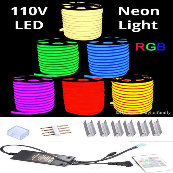 Bande LED en corde néon RGB AC 110V, 100 mètres, étanche pour l'extérieur, lumière SMD 5050, 60 diodes/M, avec contrôleur d'alimentation, découpable à 1 mètre