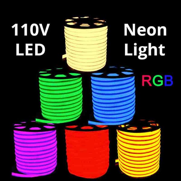 Bande LED en corde néon RGB AC 110V, 50 mètres, étanche pour l'extérieur, lumière SMD 5050, 60 diodes/M, avec alimentation électrique, découpable à 1 mètre