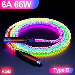 Luz de color RGB 66W 6A USB a tipo C Cable de datos de carga rápida para Xiaomi Samsung Huawei OnePlus Teléfono USB C Cable de carga de coche