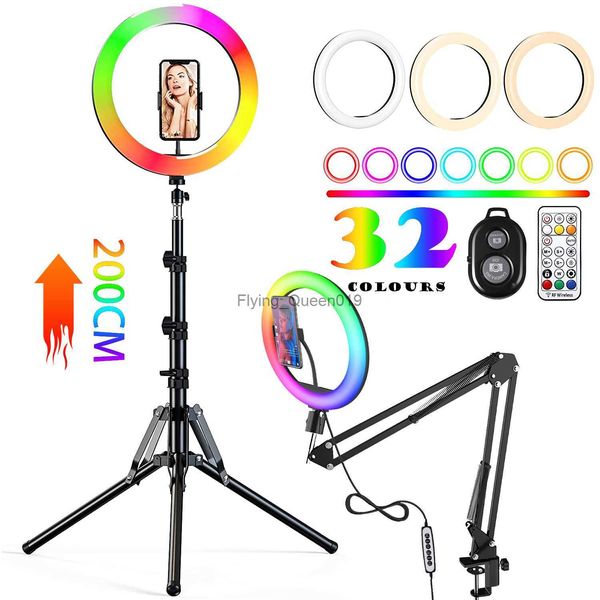 RGB Color Anillo de luz suave con escritorio Brazo largo Tableta Trípode Fotografía Iluminación Selfie RingLight Círculo Lámpara Soporte para teléfono Soporte HKD230828