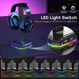 Soporte para auriculares RGB, estación de auriculares para juegos, 3 puertos USB, base de pantalla de aluminio para auriculares de escritorio