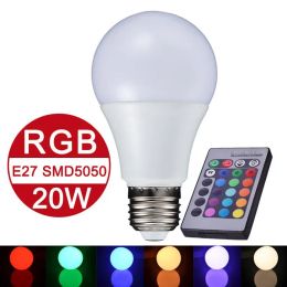 Bulbe LED RGB 10W / 15W / 20W, lumière intelligente de base E27 Dimmable avec télécommande, 16 couleurs A65 / A70 / A80, 110V / 220V LL