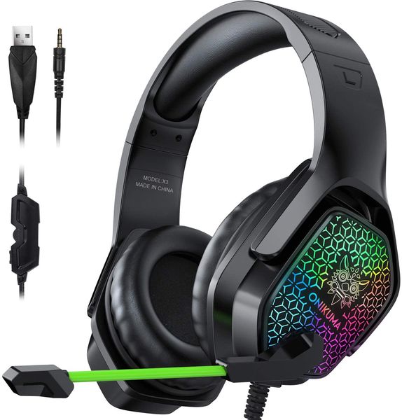 Iluminación RGB ONIKUMA Auriculares para juegos con micrófono X3 Auriculares con retroiluminación LED Gamer USB / Auriculares con cable de 3,5 mm para PC PS4 Teléfono Xbox Auriculares luminosos