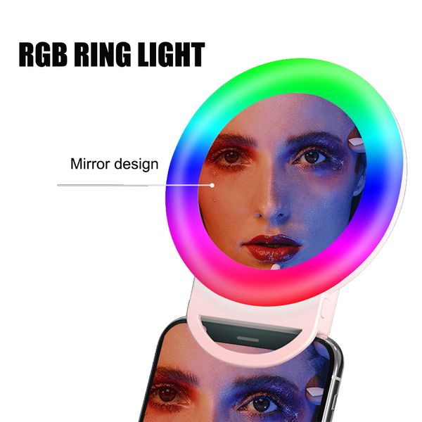 RVB Selfie LED Anneau Remplir Lumière Cercle Mini Mobile Téléphone Lumières Lampe Clip Sur Le Smartphone Rechargeable Clip-on Miroir De Maquillage