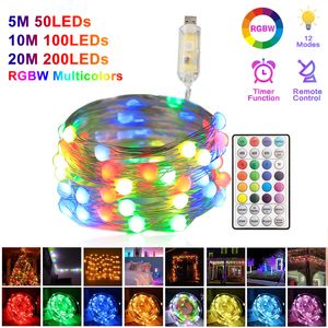 Guirlande lumineuse RGB avec télécommande USB, fil de cuivre LED, 5M 10M 20M, lampe décorative pour arbre de noël féerique RGBW