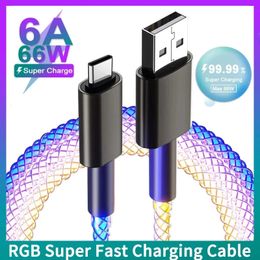 RGB Super 6A Carga rápida Fecha Cable Flujo Fresco Colorido Streamer Línea brillante para Huawei Xiaomi Tipo C Cargador USB C