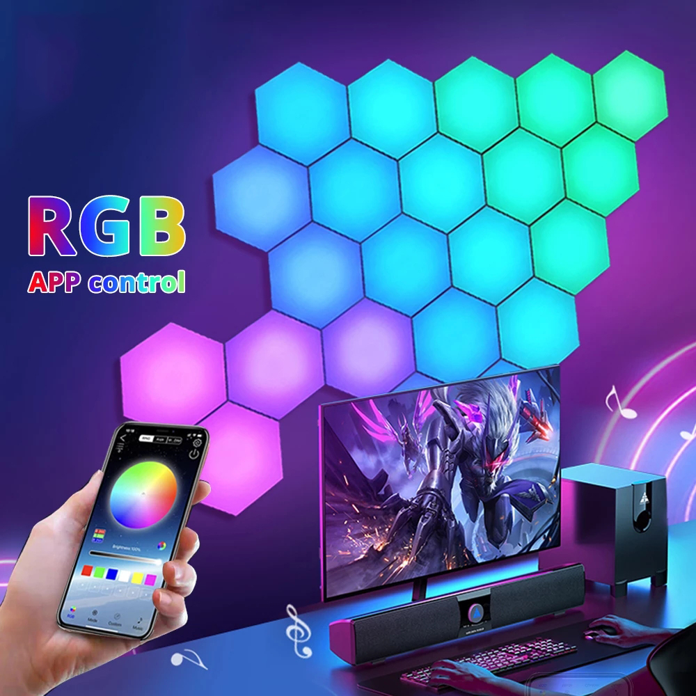 Applique murale LED hexagonale RGB, Bluetooth, éclairage d'intérieur avec télécommande, lampe de nuit, ordinateur, salle de jeux, chambre à coucher, décoration de chevet