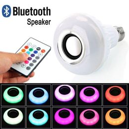 RGBW Luz LED inteligente E27 Altavoz inalámbrico Bluetooth 12W Lámpara de bombilla RGB 110V 220V Reproductor de música Audio con altavoces remotos para Iphone PC