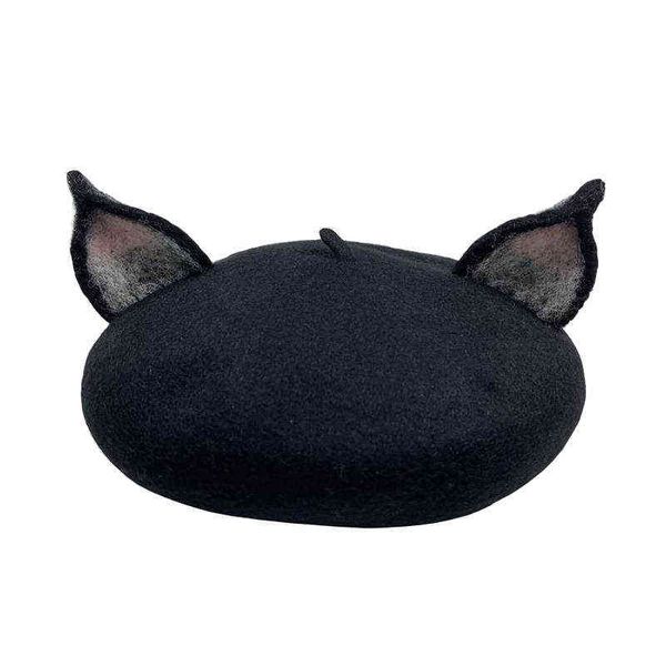 Rh Negro Lana Real Fieltro Fox Ear Warm Beret Caps Cartoon Cosplay Party Head Wear Animal Orejas grandes Boinas hechas a mano J220722