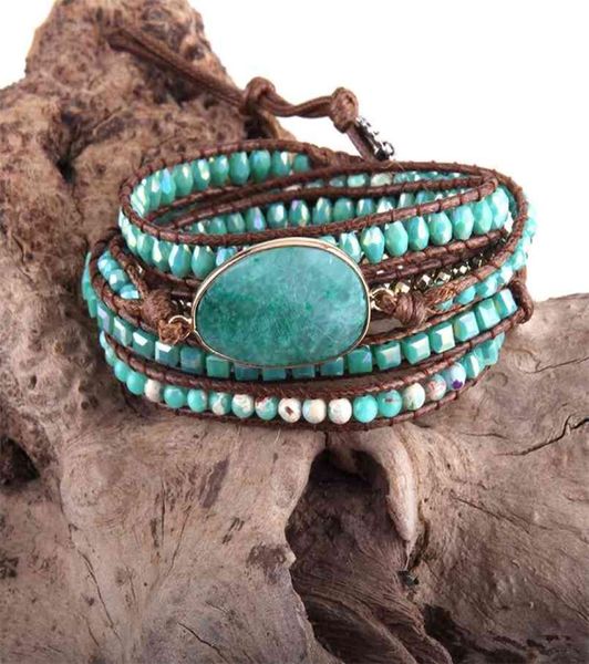 RH Fashion Cuir Boho Prime de Boho Green Mixed Natural Stones Charm 5 brins Bracelets enveloppe de perles Drop 2109189467125