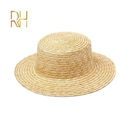 RH Summer Classical Simple Plain Boater Wheat Straw Hat Flat Top Casual vrouwelijke hoed Vakantiestijl Lichte strandhoed voor DIY 240429