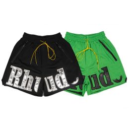 RHIDE Shorts Designer Sweatpants d'été Lettre en cuir en cuir Basketball Basket Homme plage Jogging Pantalon lâche décontracté vert