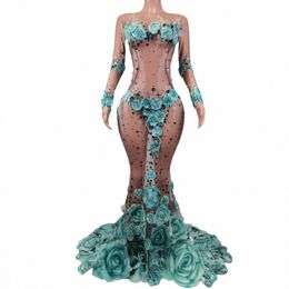 RHINESTE DR SHEER MERMAID FR MESH MAXI DRES BIRGNIELLE PARTER PERFORMATION COSTUME COSTUME MÉDICA STATE HUAXIANZI Y8BI #