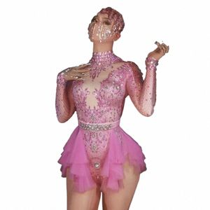 Rhineste rose body femmes fête fille scène danse porter des collants élastiques cristal body discothèque danseur justaucorps v38M #