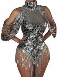 Rhinestone Sparkly Sier Pailletten Turnpakje Bling Verjaardag Zanger Stadium Slijtage Sexy Dans Franjes Bodysuit Kostuum W602 #