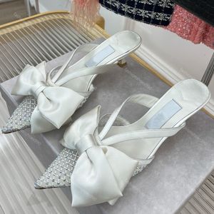 Strass 5cm hakken sandalen beroemde ontwerper damesschoenen satijn gaas strik slingbacks strik kwaliteit leer feestavond bruiloft schoen met doos 10A 35-41