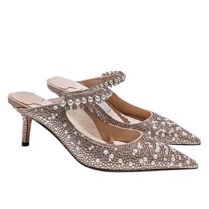 Sandales bout à bout en strass et perles pour femmes, style féerique, dos vide, demi-pantoufles à talons aiguilles, sandales à talons hauts pour vêtements d'extérieur