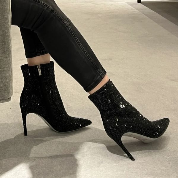 Bottines en strass avec bouts pointus pour chaussures pour femmes, chaussures de luxe de styliste de 9,5 cm, talons aiguilles de qualité supérieure, en peau de mouton, en daim, à la mode, botte romaine