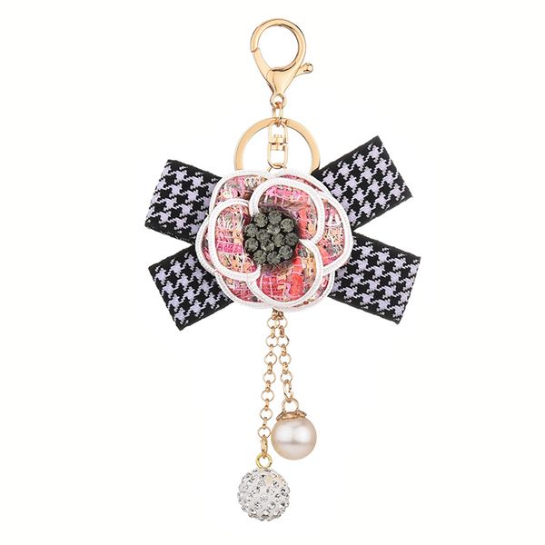 Porte-clés boule en strass, nœud à carreaux, fleur de camélia, bijoux, cadeau, mode femmes filles, breloques de sac de perles pour voiture