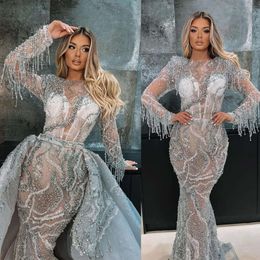 Rhinestone Beading Elegant Tassel Prom Dresses Crystal Full Sleeve Saoedi -Arabische vrouwen Mermaid avondjurken