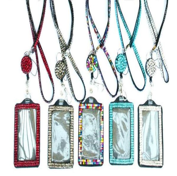 Strass Bling Lanyard Crystal Diamond Collier tour de cou avec porte-badge d'identification doublé horizontal et porte-clés pour Idkeycell P3160505