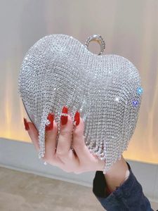 Bolso de mano con diamantes de imitación en forma de corazón, bolso de noche con borlas de lujo, bolso de fiesta de boda con diamantes, bolso de noche con asa dorada plateada 240125