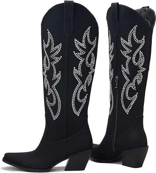 Bottes de cowboy en strass pour femme – Bottes de cowgirl hautes au mollet large avec fermeture éclair latérale et broderie à paillettes scintillantes