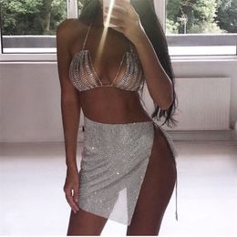 Rhinestone Crystal Bikini Bra Top Bus Belly Tassel Chains Crossover Harness ketting Body Jewelry Festival Party Cover Up T200502303