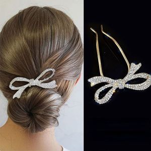 Crystal Bow Tie Hair Pins - Bridal Hair Jewelry for Women - Rhinestone Golden Hair Sticks - Wedding Headpieces Accessories