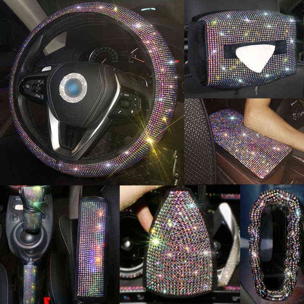 Cubierta del volante del coche de cristal de diamantes de imitación Soporte de cintura brillante Cojín del reposacabezas del diamante Accesorios interiores del coche para mujeres J220808