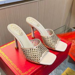 Strass decoratie stiletto pantoffels muilezels Zijde uitgeholde slip-on Open teen voor damessandalen Luxe ontwerpers Hoge hakken fabrieksschoeisel Met doos