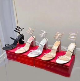 Sandalias de tacón alto decorativas con diamantes de imitación, zapatos de vestir de noche negros de 75 mm, zapatos de vestir envolventes de diseñador de lujo grueso para mujer Rene Caovilla, zapatos de fábrica
