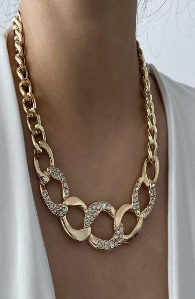 Colliers de tour de cou à chaîne de diamants en strass pour femme vintage exagéré de gros liens dorés