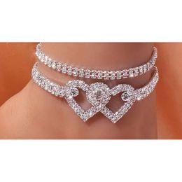 Rhingestone Double Heart Cheklets for Women Hollow Out Love Love Foot Chain Chezle Bracelet for Wedding Party