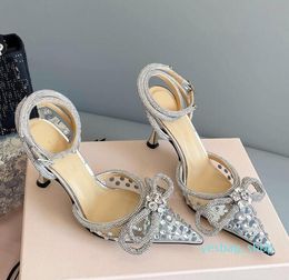 Strass Chaussures habillées pour femmes MACH Crystal Embellished Bow sandales à talons hauts Designer sexy transparent PVC Perle perceuse pantoufles de fête 09 talon chaussure pour femme
