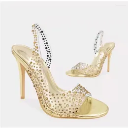 Rhinestone Fashion Sandals Summer PVC Clear Heel Stilettos Ladies Pointed Toe Party Sier Trouwschoenen Gold Slip-on 2580