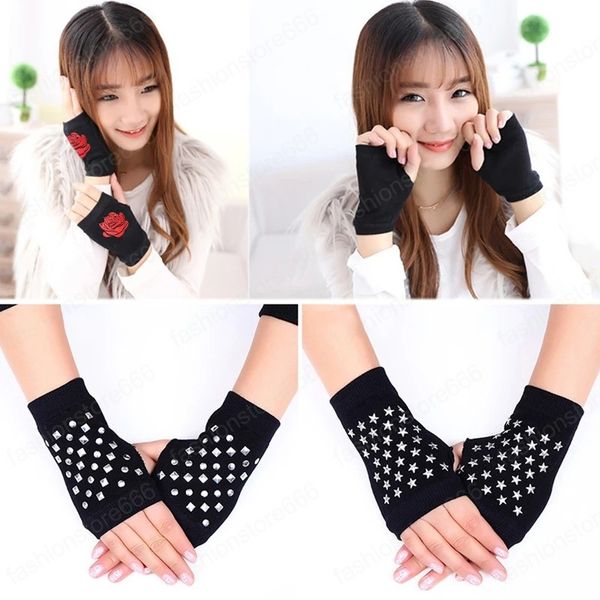 Strass Mitaines Gants Rose Animaux Imprimé Femmes Hommes Hiver Chaud Gants Tricotés Laine Demi Doigt Ordinateur Mitaines