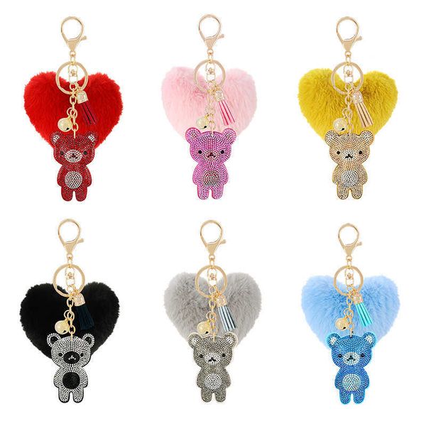 Strass flanelle ours pêche coeur amour boule en peluche porte-clés pendentif dame sac sac à main accessoires mignon pêche coeur ours cadeau G1019