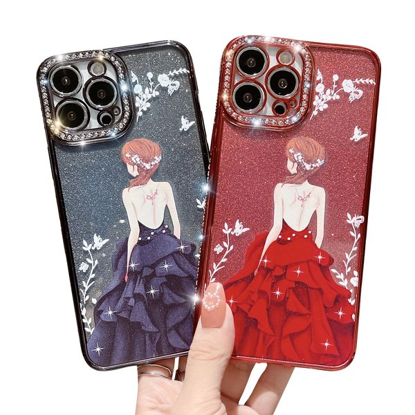 Étuis de téléphone déesse strass pour iPhone 15 Pro Max Ultra Apple 14 13 12 Plus peinture colorée luxe design de mode étui de téléphone perceuse paillettes étui souple couvertures arrière