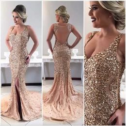 Drinestone Gold Beading Mermaid dividido Long Prom Gowns Women Evening Pageant Vestidos personalizados