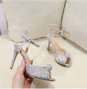 Sandalias de punta abierta hechas a mano con diamantes de imitación, zapatos de novia de boda plateados de tacón alto fino de verano, zapatos de tacón para mujer