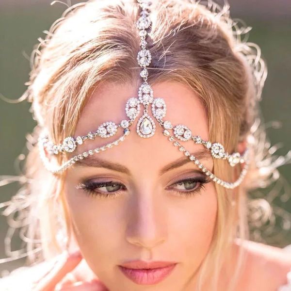 Rhinestone cabeza cadena tocado multicapa gota de agua diadema frente intercadena moda nupcial boda accesorios para el cabello joyería de las mujeres al por mayor 1234