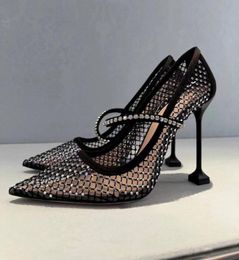 Rhinestone Hollowout Mesh Highheeled Shoes Women039s Pointed Stiletto Sandals 105cm sexy kettingdecoratie transparante PVC DR4805675