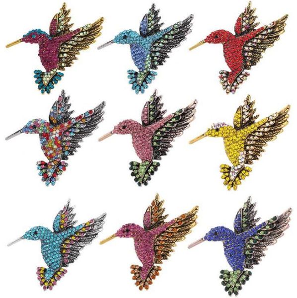 Broche de colibrí con diamantes de imitación, joyería, Pin de cristal, diseño de animales de dibujos animados, ramillete brillante para mujeres y niñas, recuerdos de fiesta