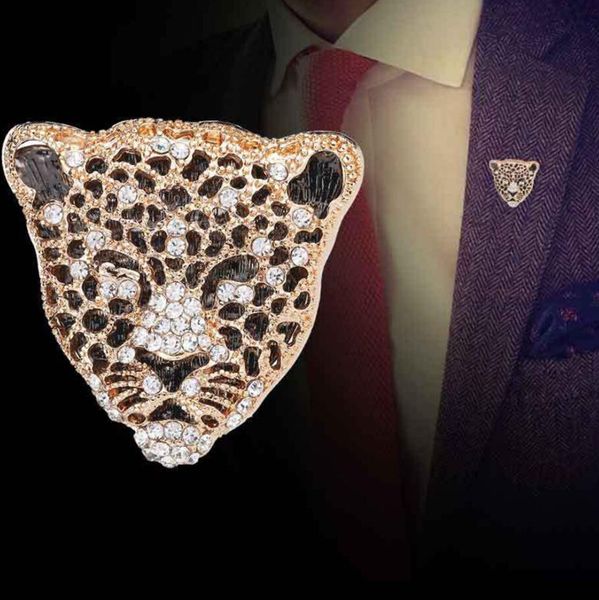Broche de tigre con cabeza de leopardo y diamantes de imitación, insignia para traje de hombre, alfileres para suéter, regalos del Día del Padre, Pin de solapa de abrigo de Metal, accesorios