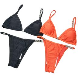 Traje de baño con letras de diamantes de imitación, conjunto de Bikinis para mujer, traje de baño de cintura alta, traje de baño dividido Sexy, ropa de playa para mujer