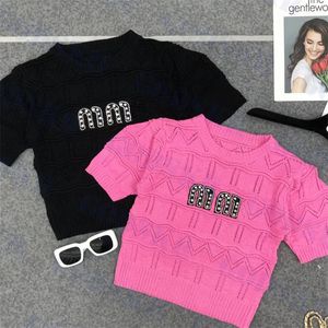 Strass-Buchstabe-T-Shirt für Damen, Tops, Designer-Strick-T-Shirts, sexy Hohlpullover, mehrfarbig