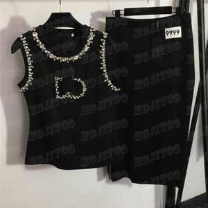 Strass Lettre Femmes Débardeur Robe Deux Pièces Sans Manches Gilet Côté Fermeture Éclair Fendue Taille Haute Jupes Ensembles Décontractés